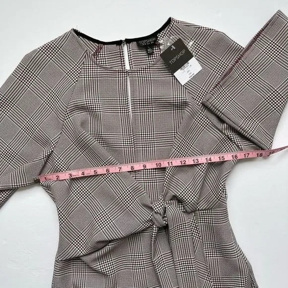 Topshop NEW Houndstooth Front Tie Plaid White Red Mini DresS Size 4 - Picture 14 of 16